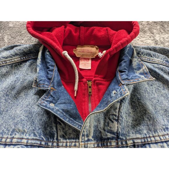 VTG 80s Levis Denim Trucker Jacket Acid Wash Fleece Hood - Medium Made in Canada - Picture 12 of 16